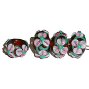 100/Pcs Pkg,  handmade lampwork glass beads Purple on Pink with green creeper Lentil Flower