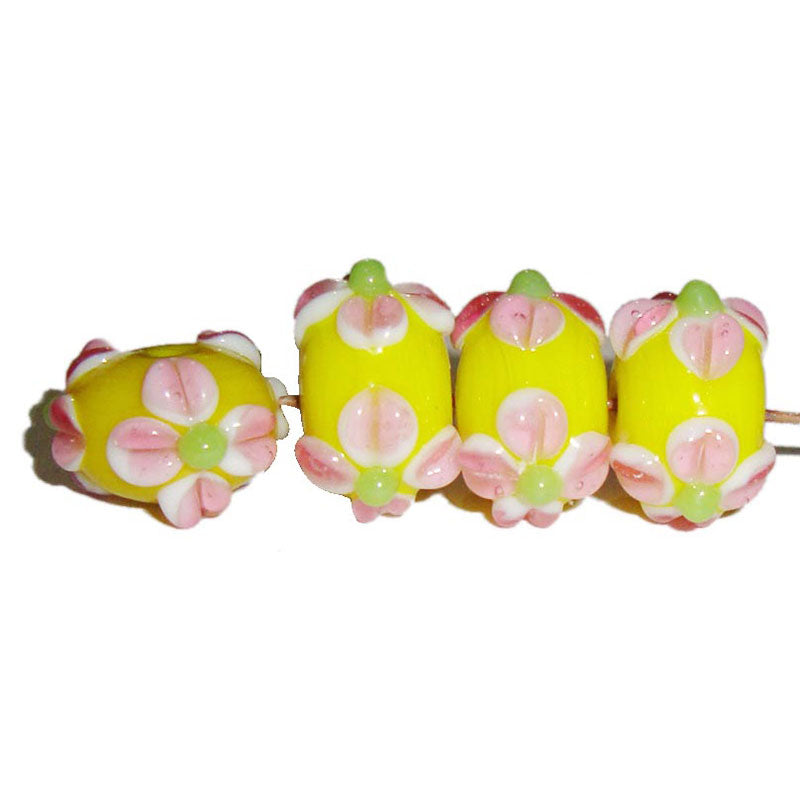 100/Pcs Pkg, handmade lampwork glass beads Yellow on Pink Lentil Flower